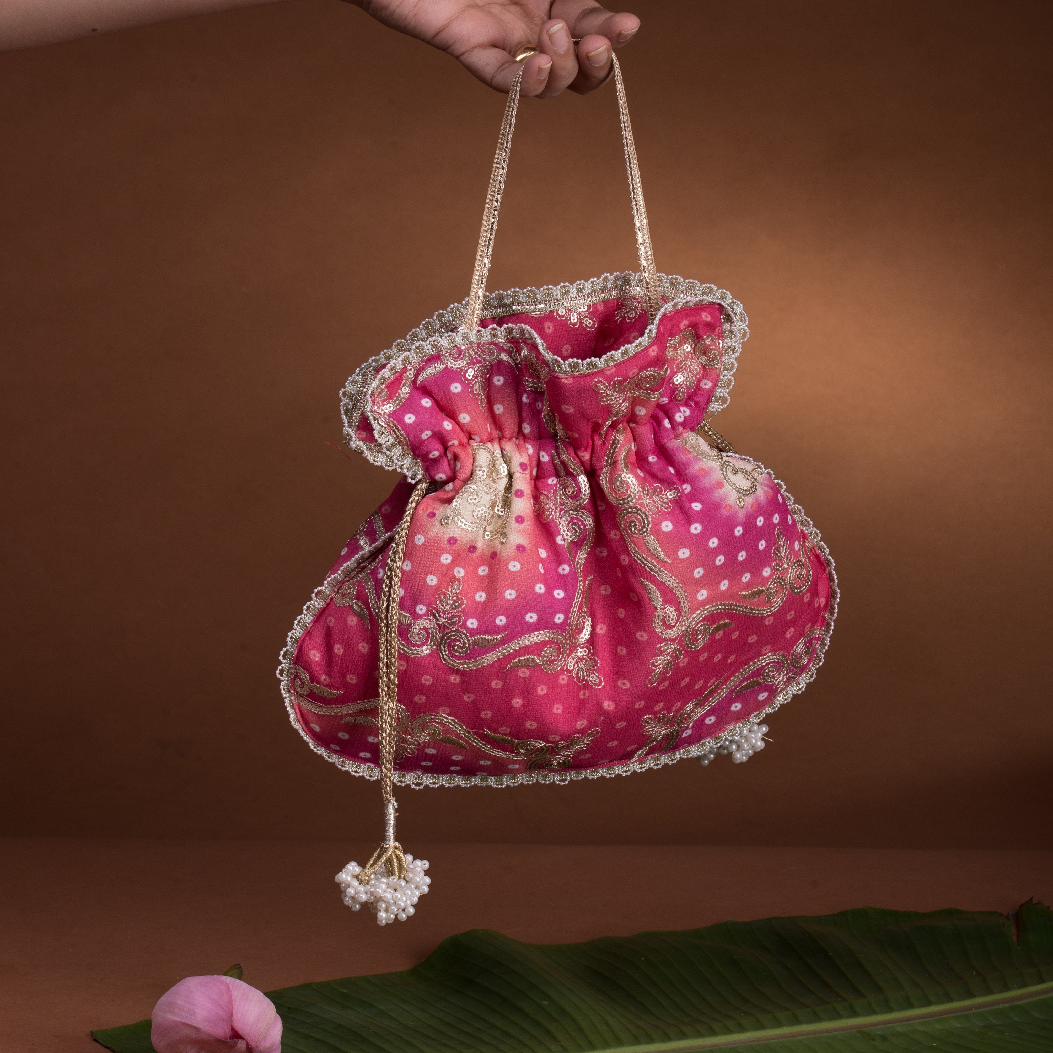 Pink bandhani Potli bag U Shape