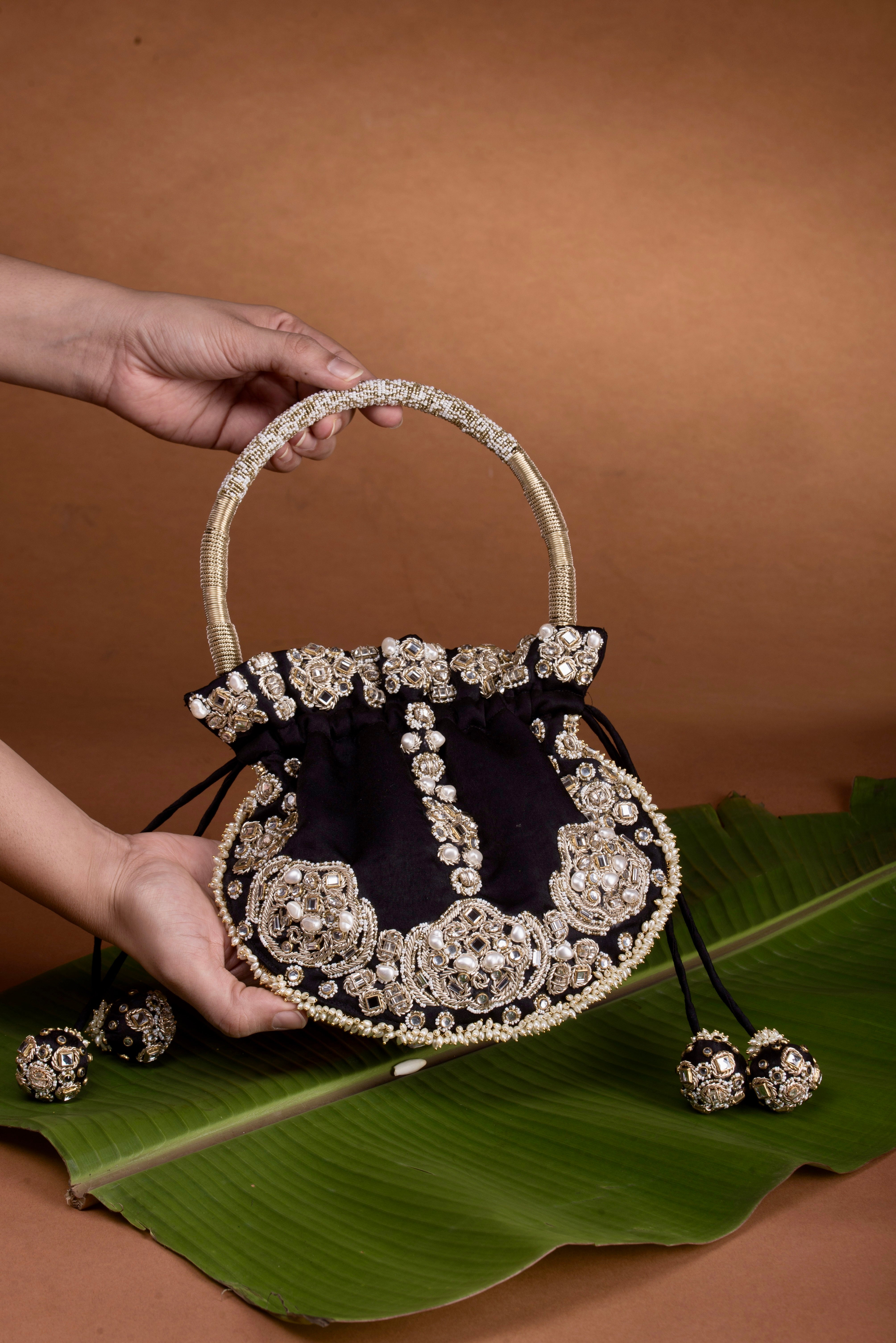 Jadau Gold Embroidered Potli- Black Bag