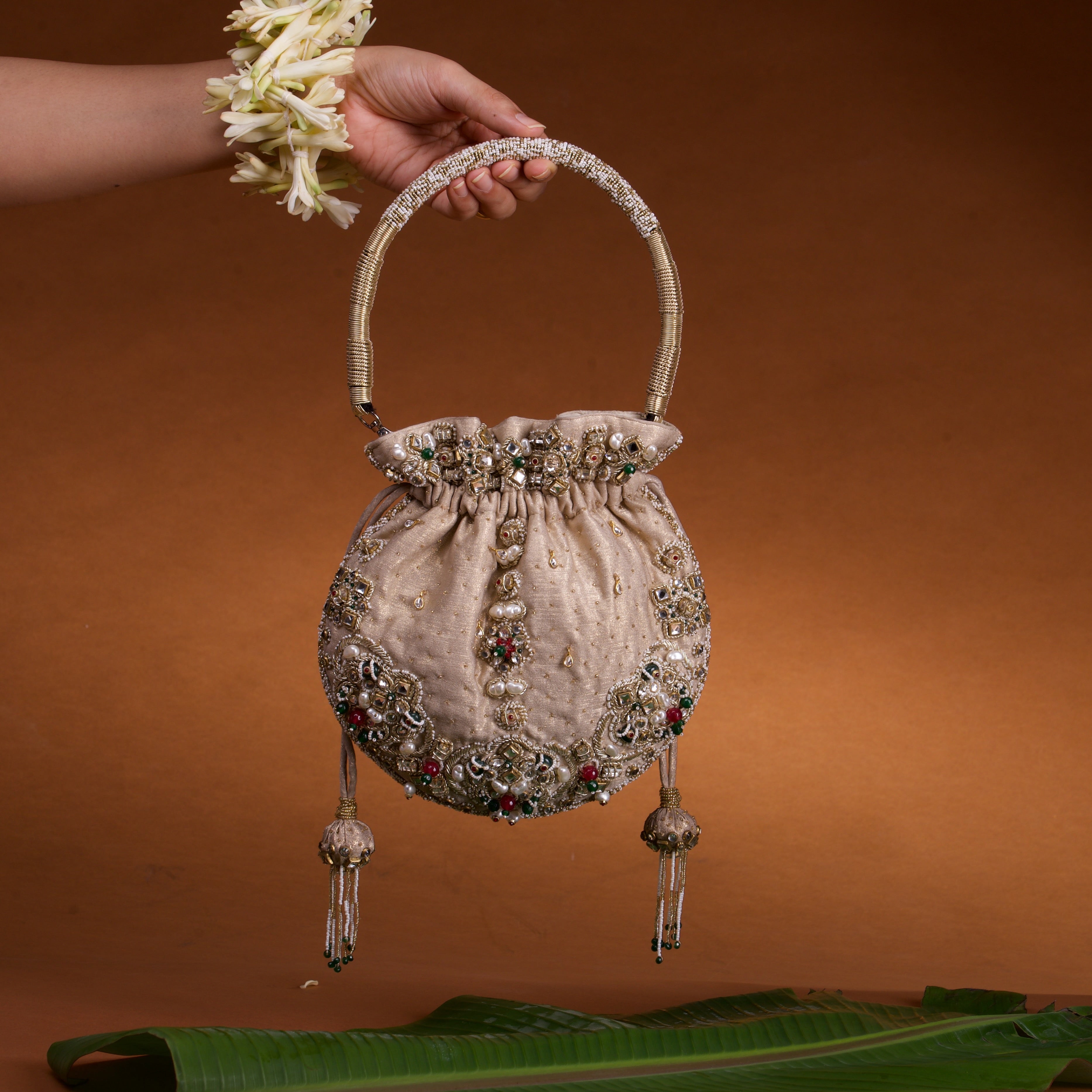 Jadau Gold Embroidered Potli - Gold Bag