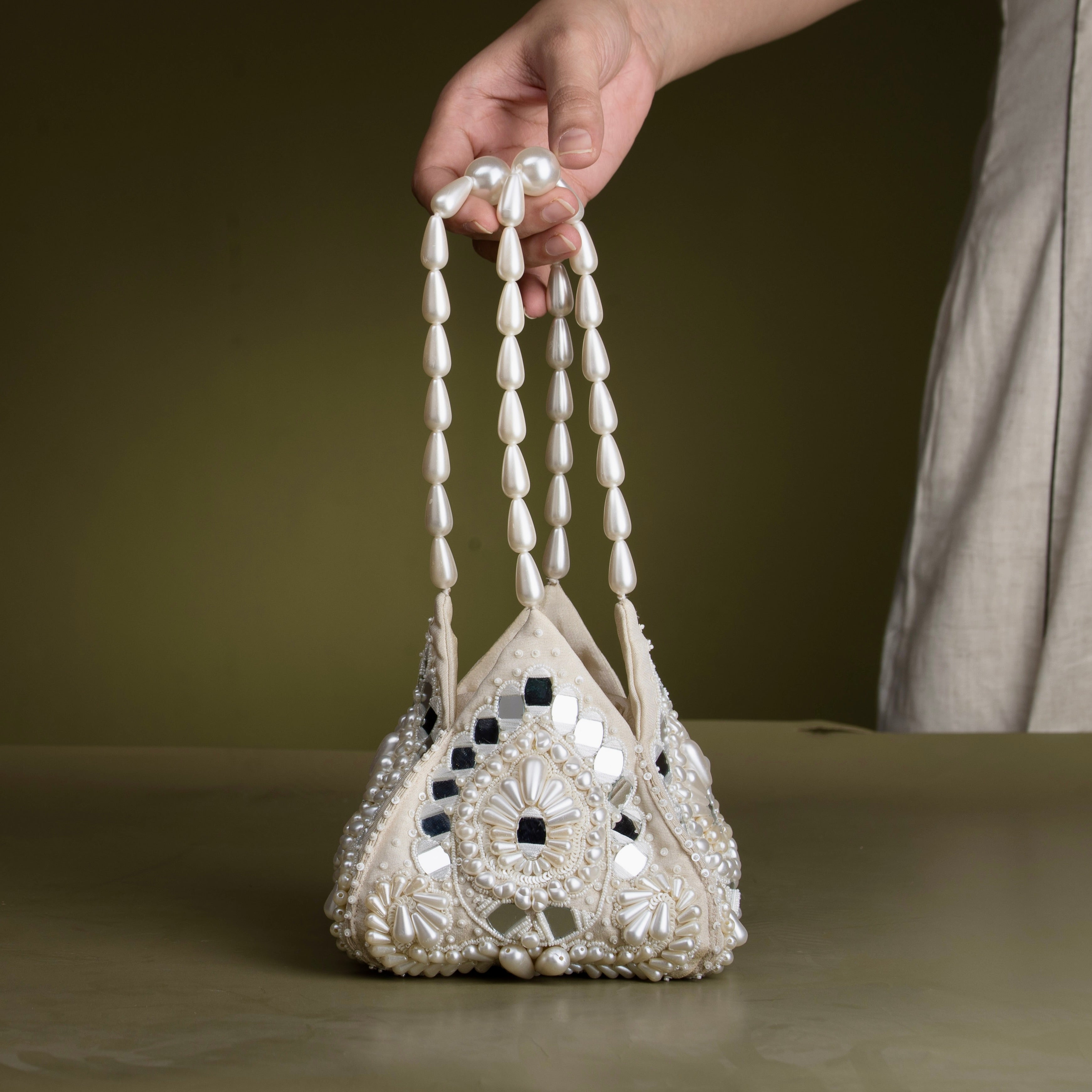 Lippan Pearls Ivory Tulip Potli Bag