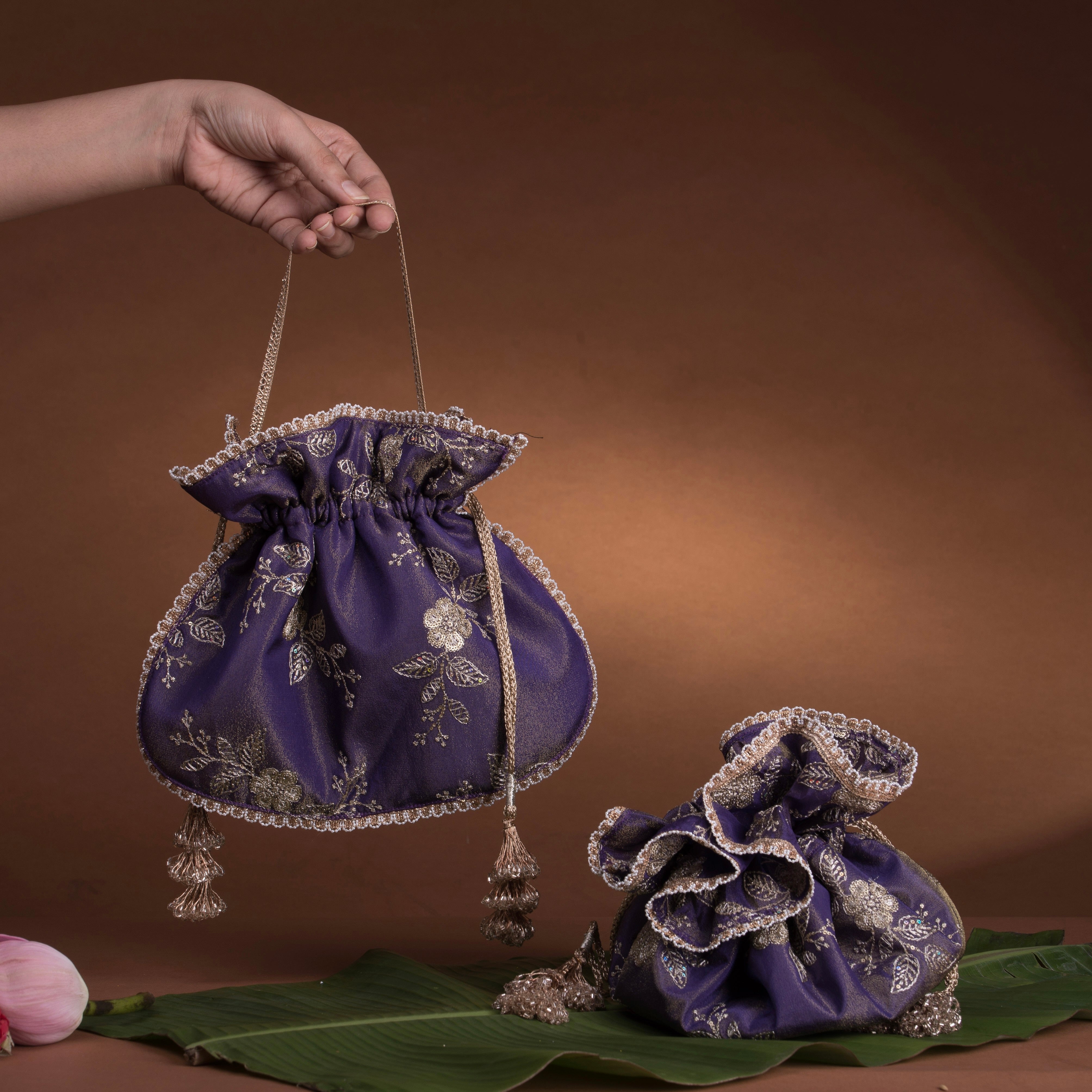 U shape Potli Bag Purple Tissue