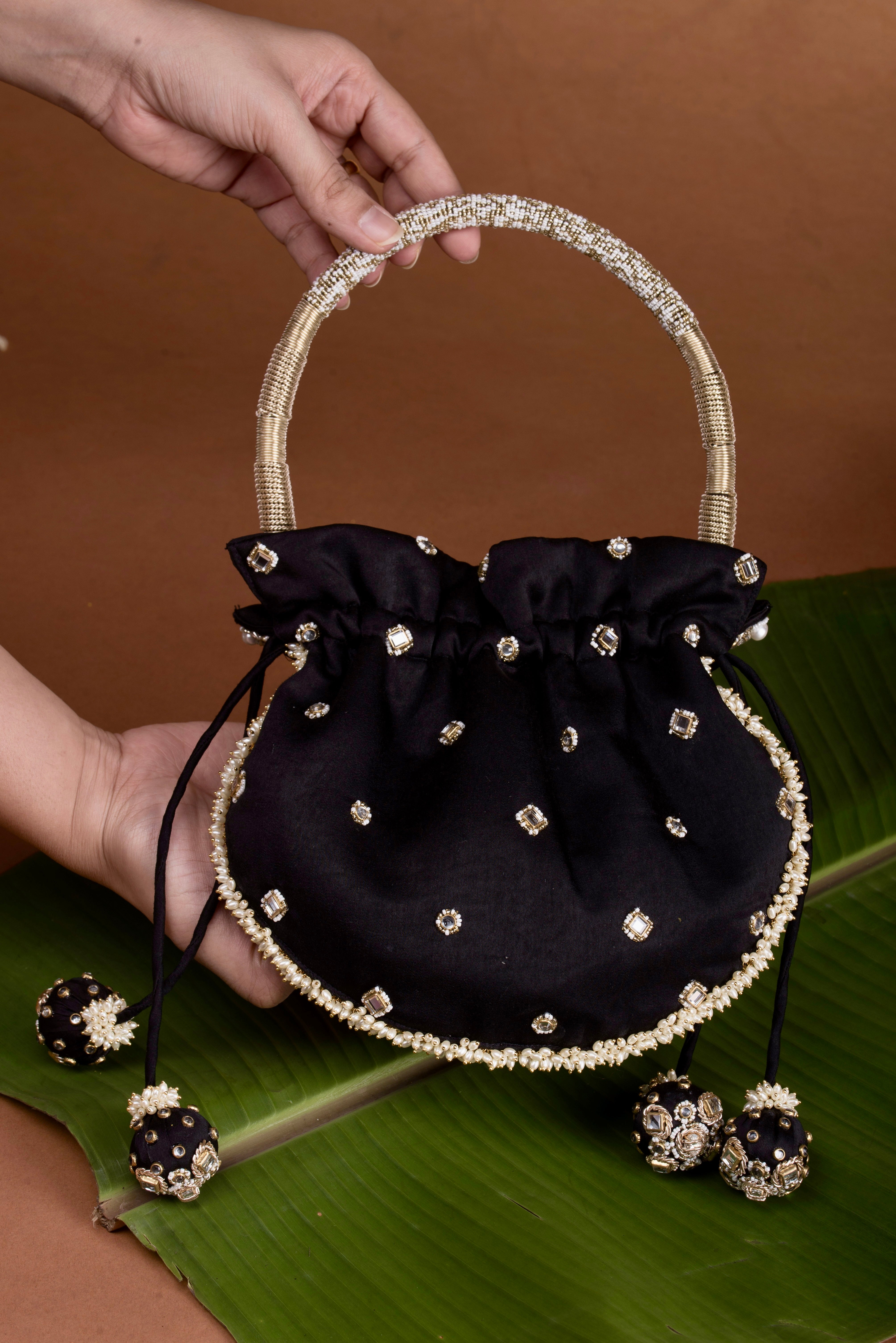 Jadau Gold Embroidered Potli- Black Bag