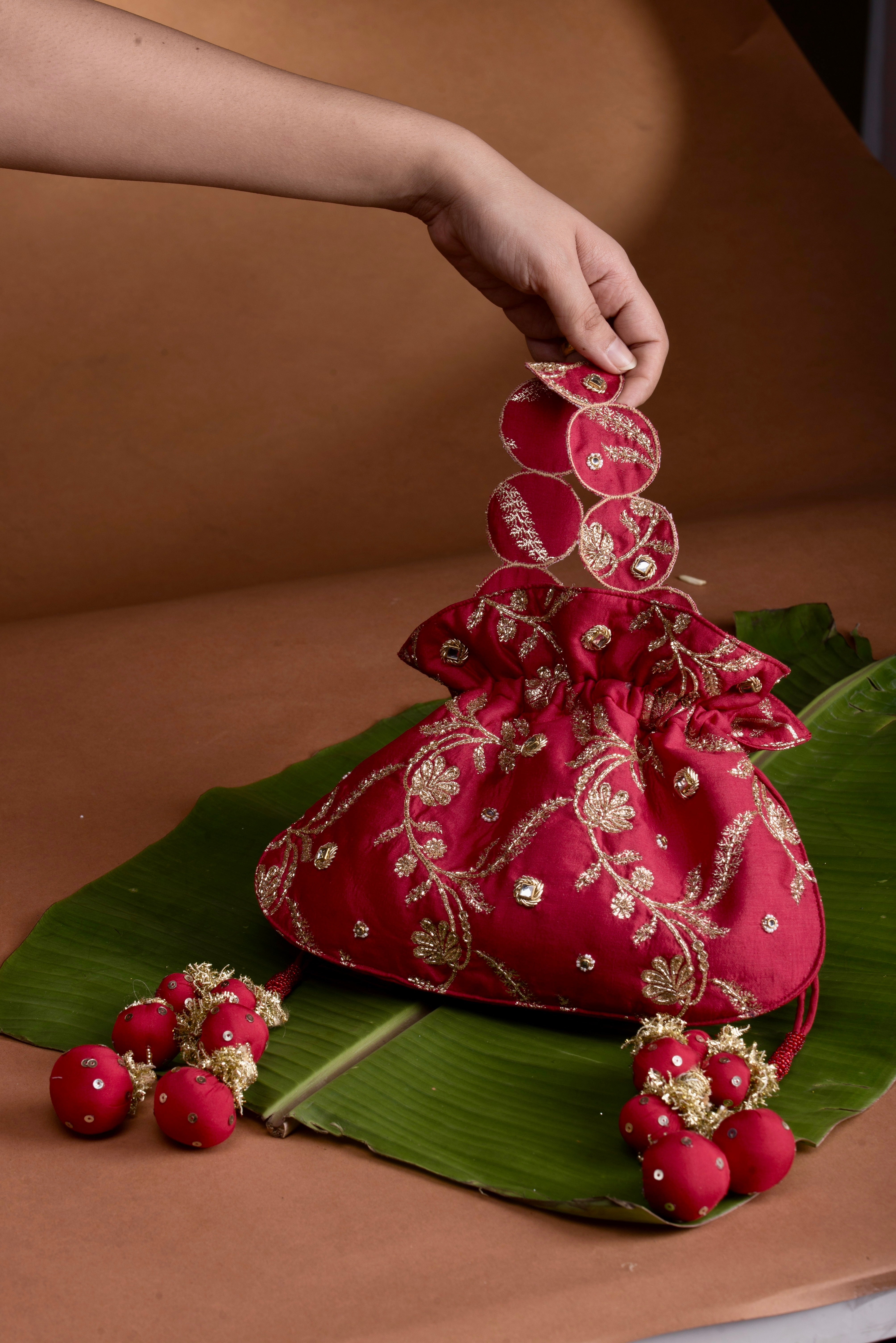 Red U Shape Potli Bag - Chanderi