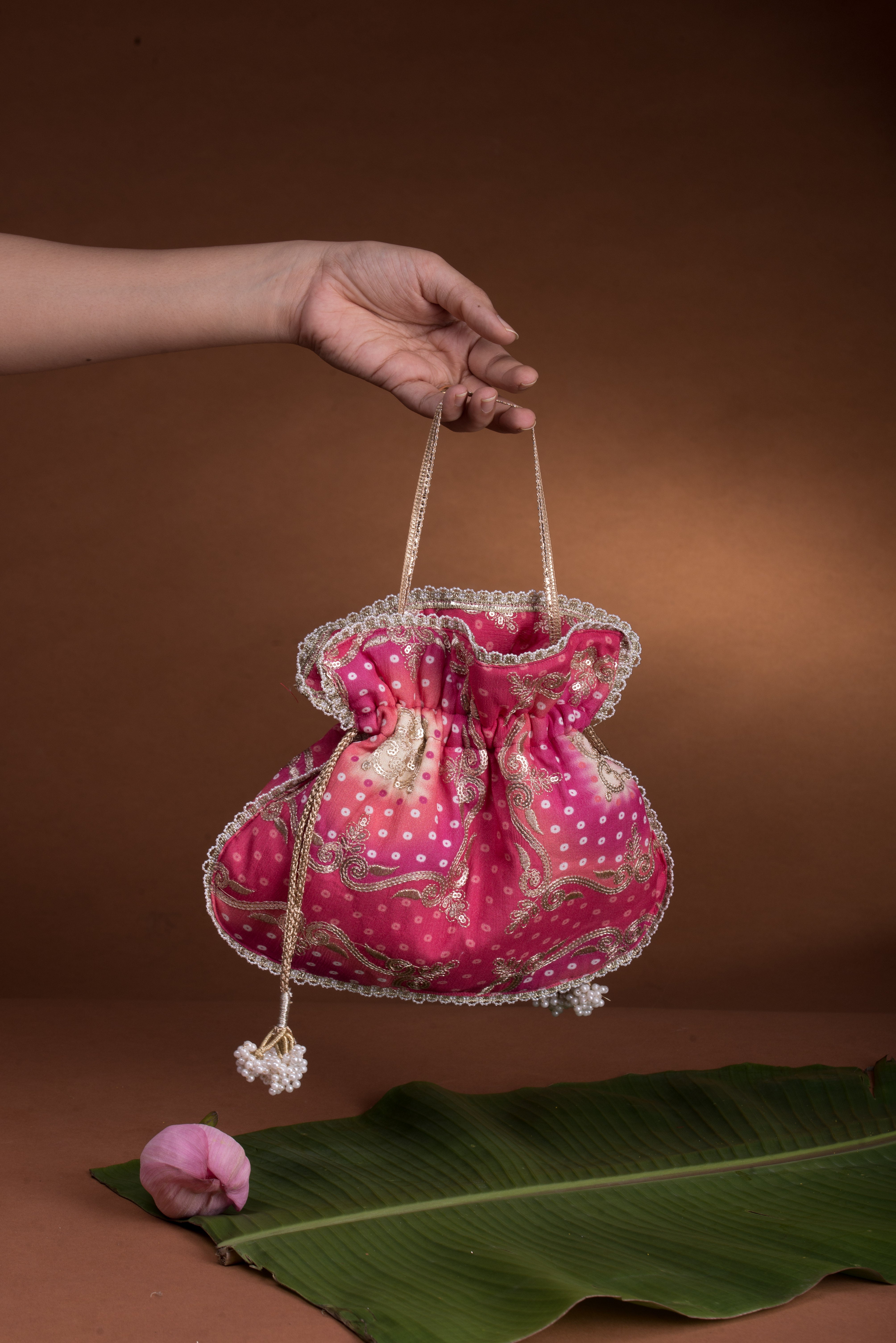 Pink bandhani Potli bag U Shape