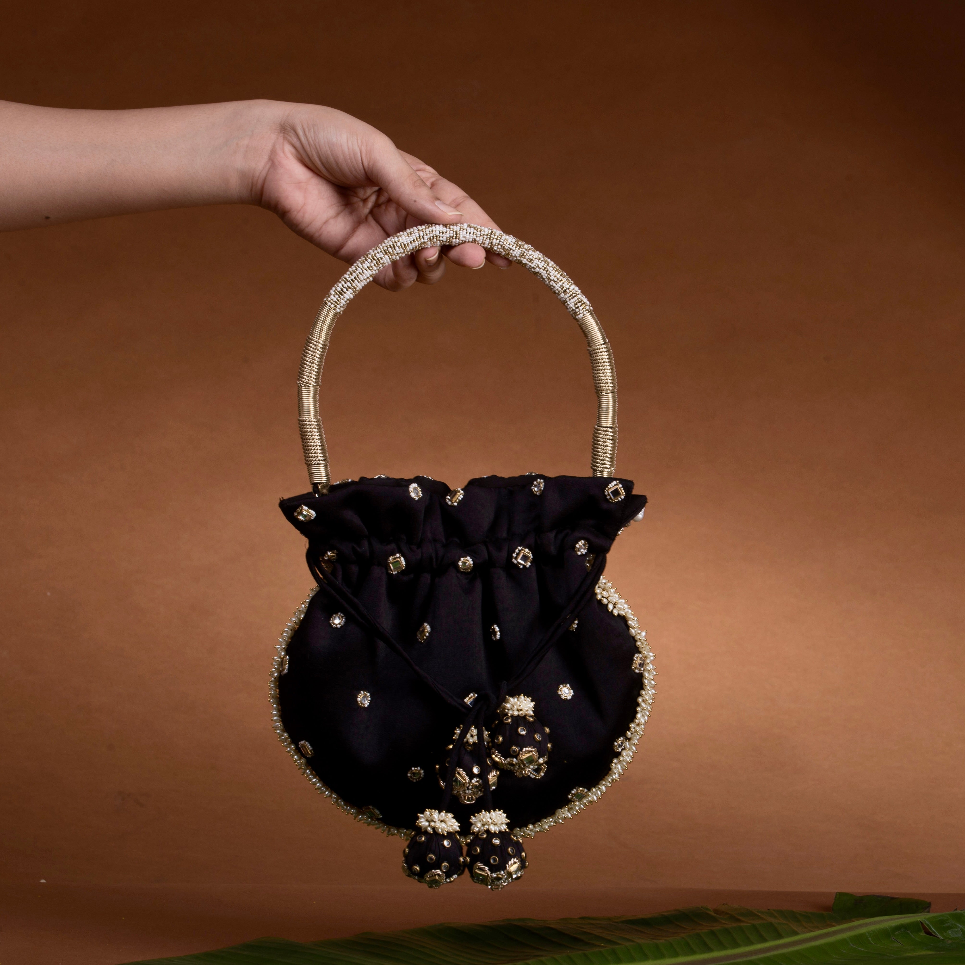 Jadau Gold Embroidered Potli- Black Bag