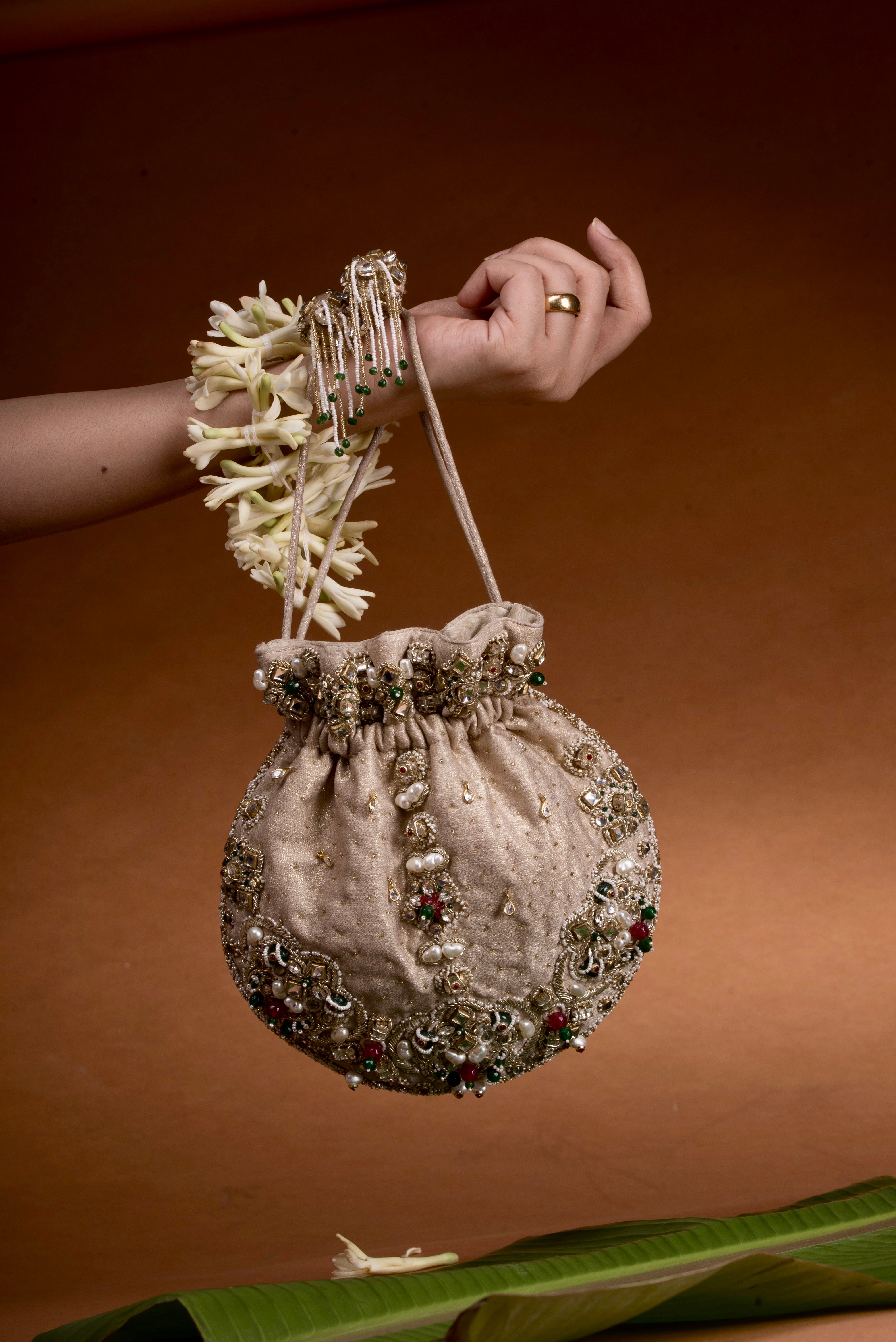 Jadau Gold Embroidered Potli - Gold Bag