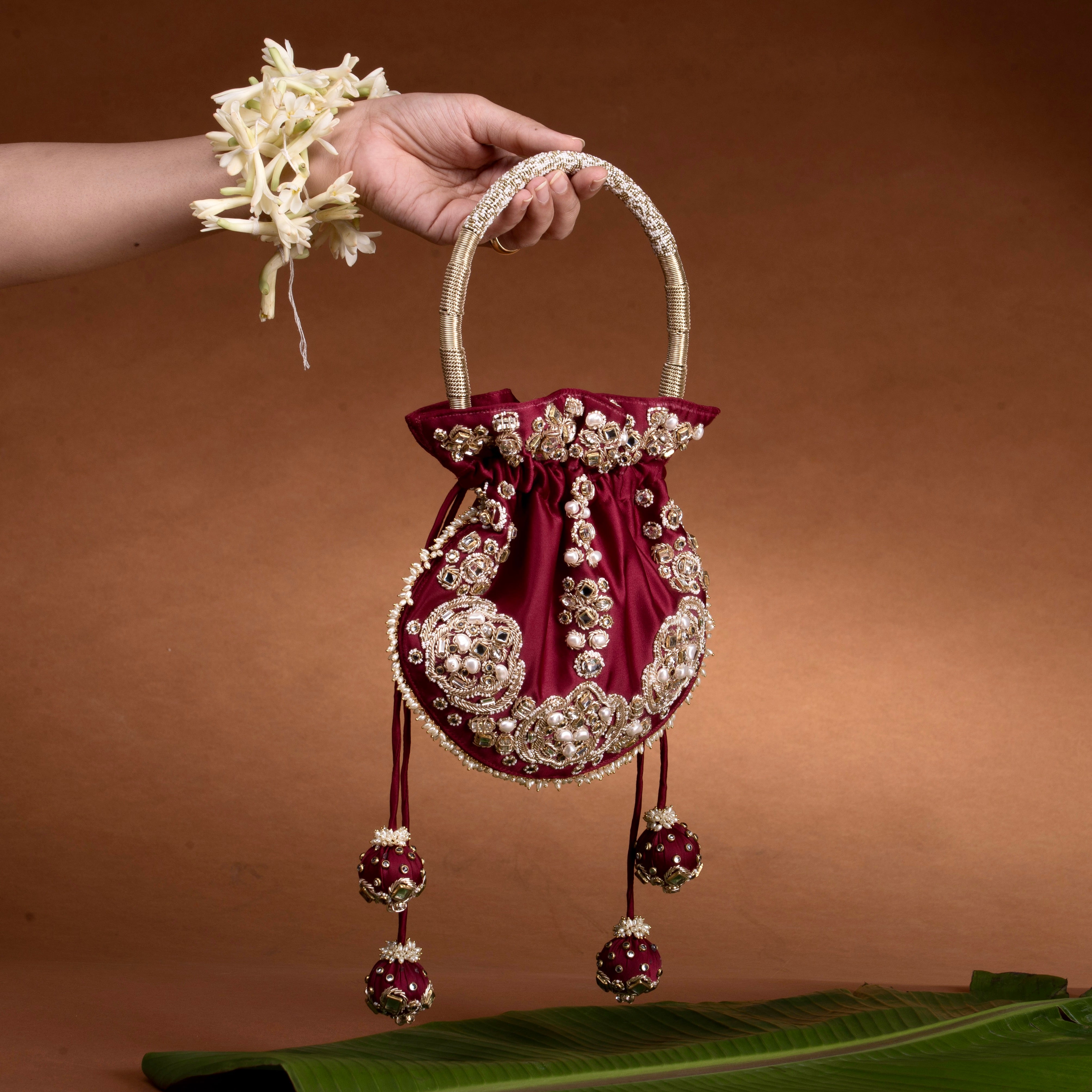 Jadau Gold Embroidered Potli- Maroon Bag