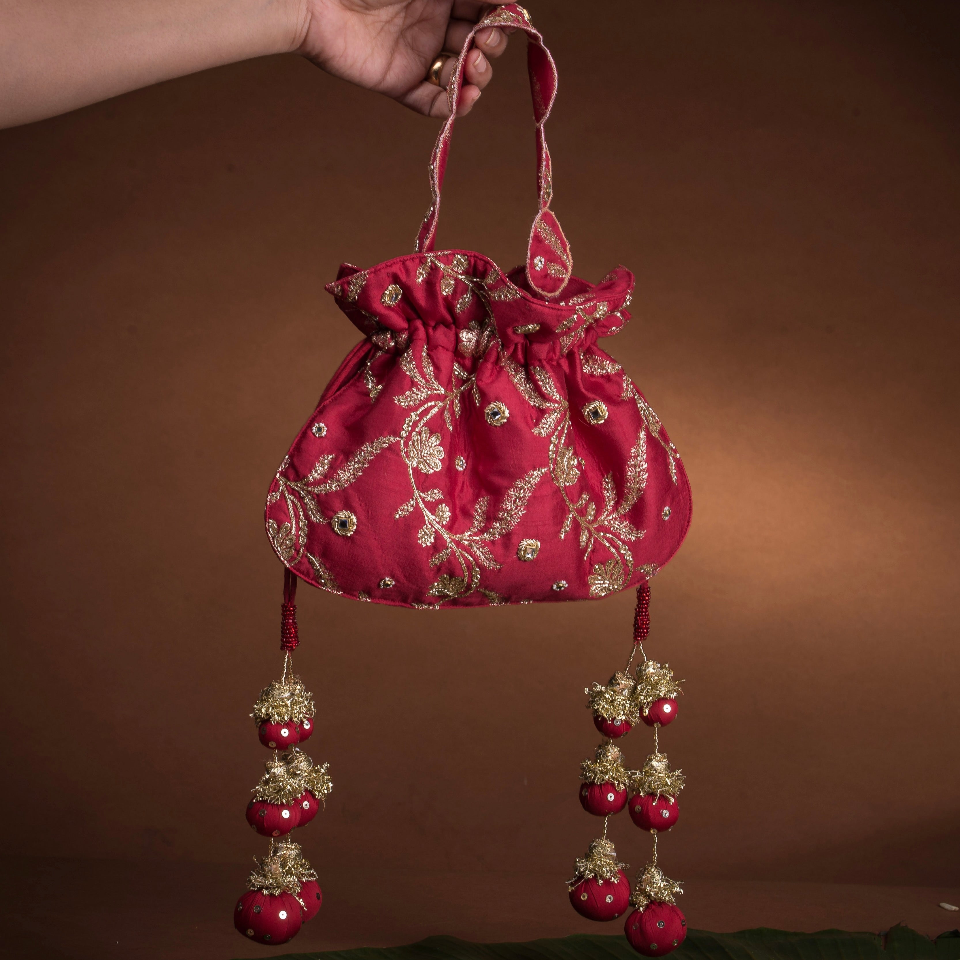 Red U Shape Potli Bag - Chanderi