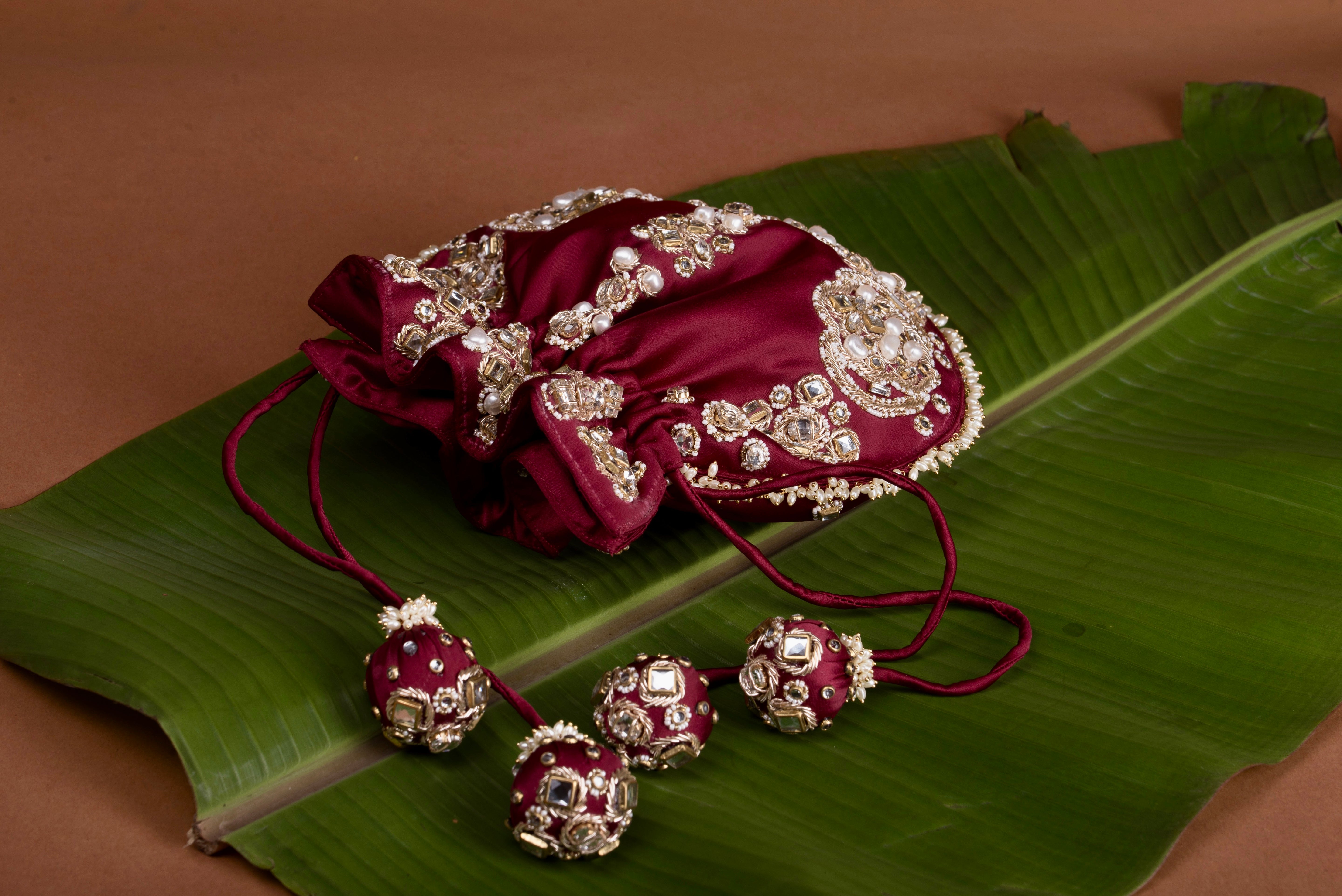 Jadau Gold Embroidered Potli- Maroon Bag