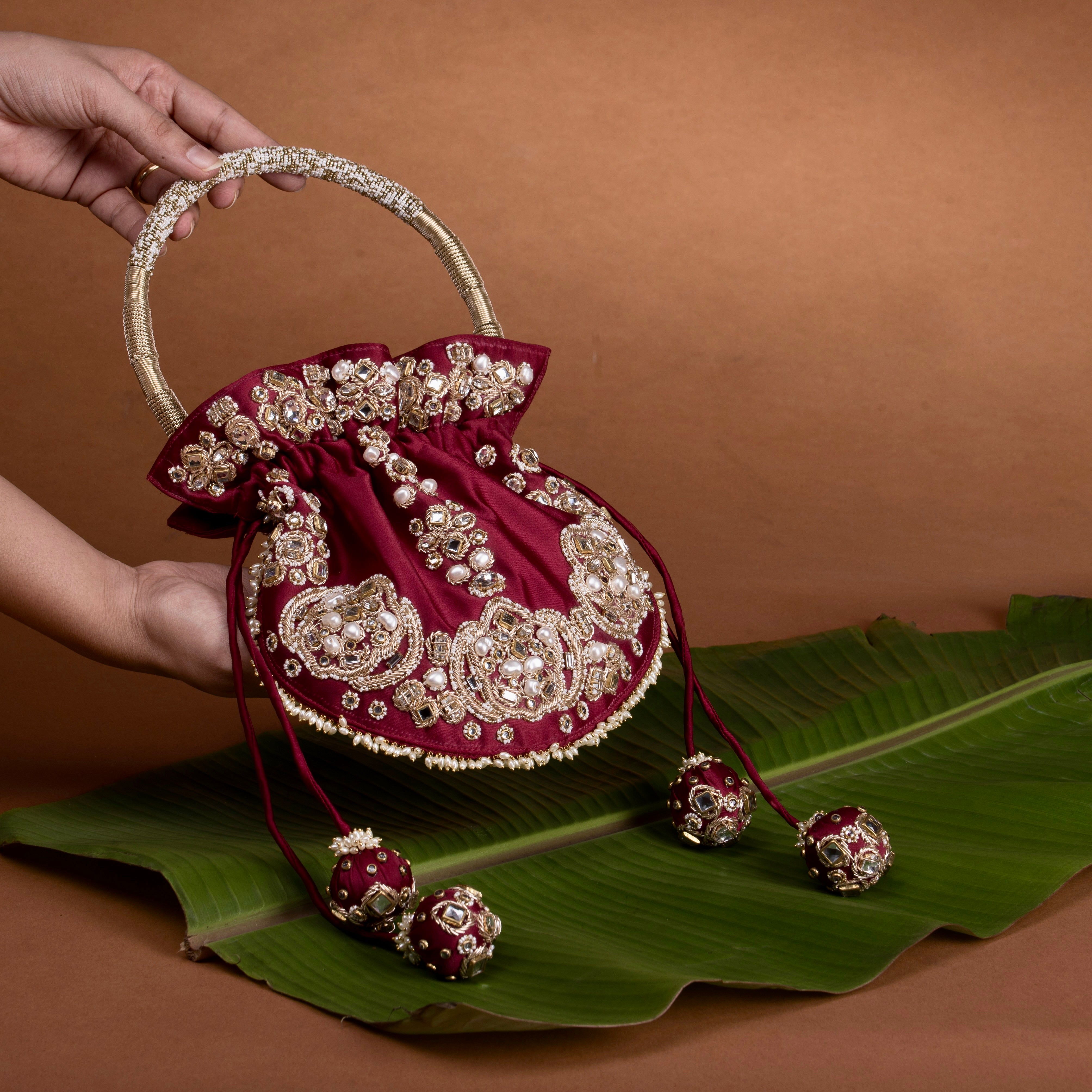 Jadau Gold Embroidered Potli- Maroon Bag