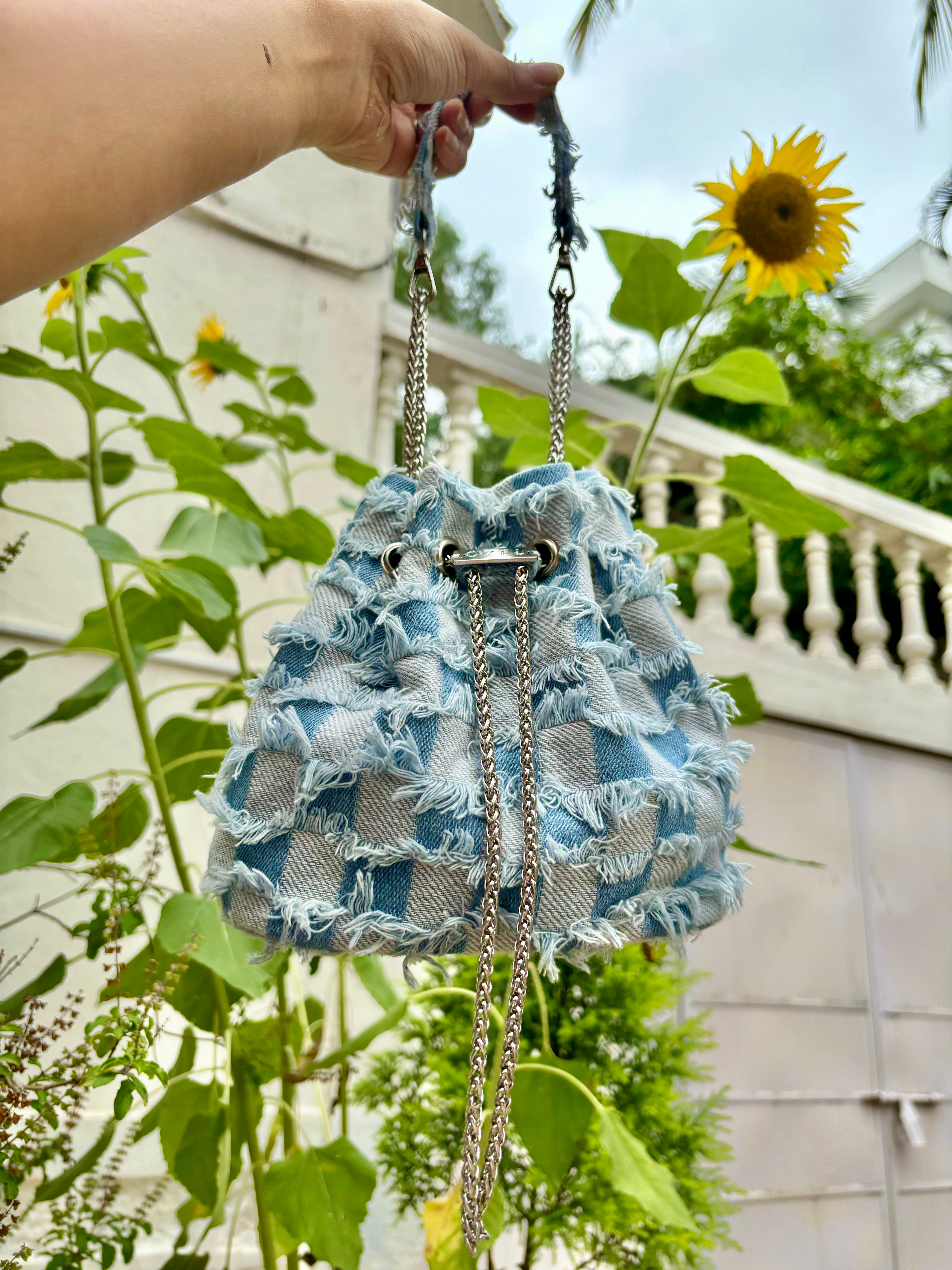 Frayed Denim Bucket Bag - Ozel