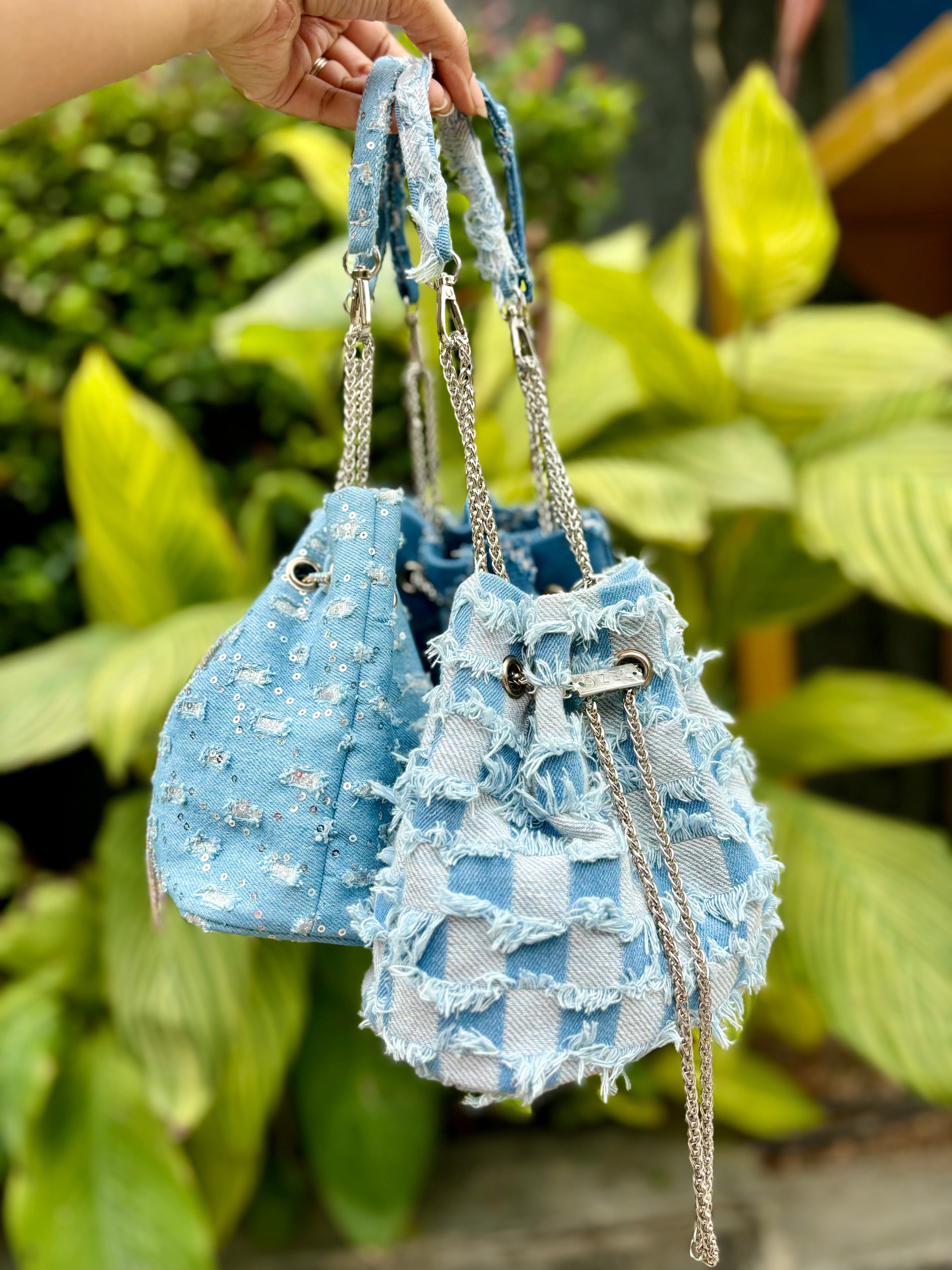 Frayed Denim Bucket Bag - Ozel