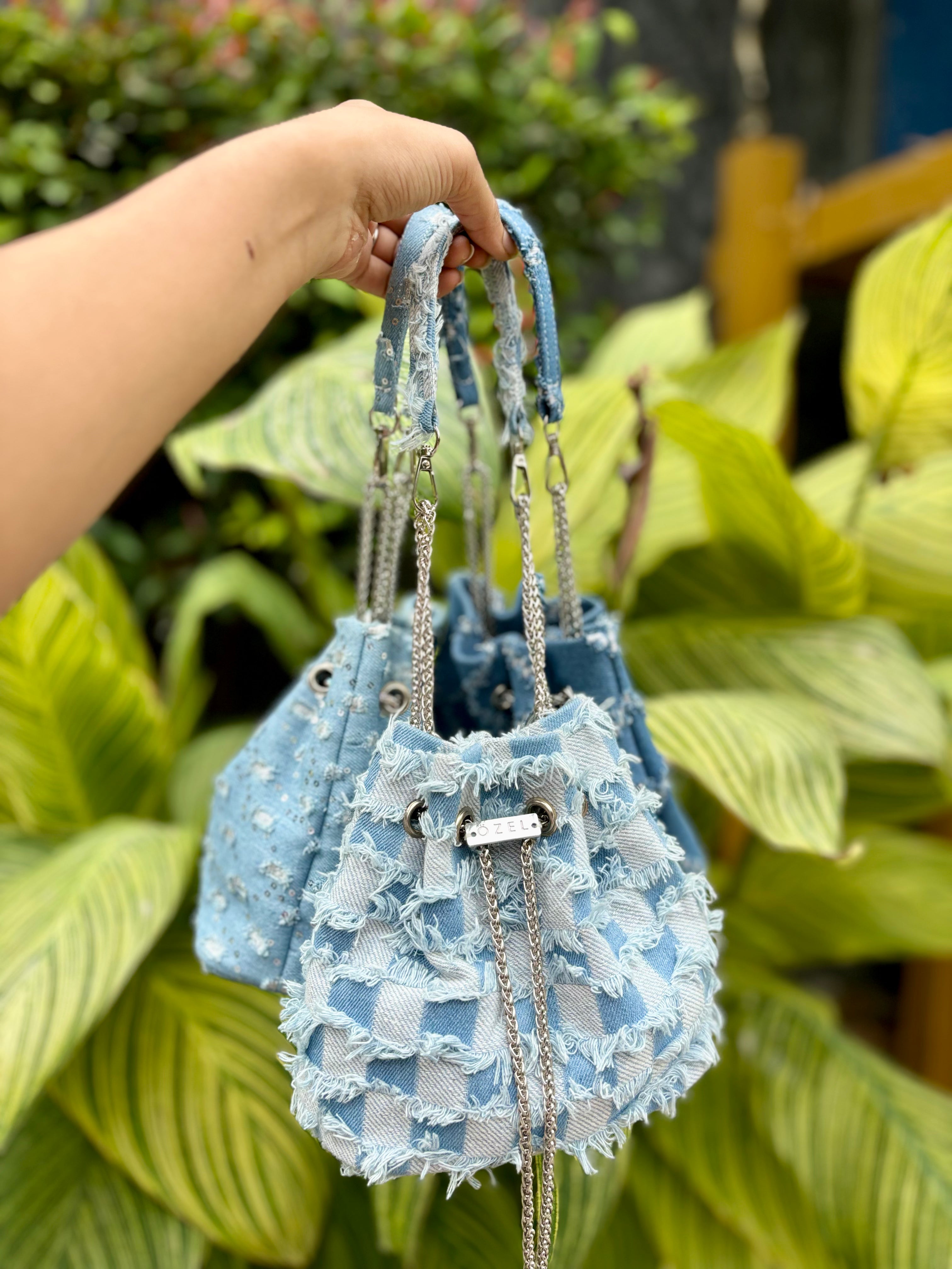 Frayed Denim Bucket Bag - Ozel